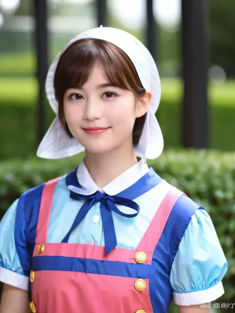 (alice in wonderland), 1, (He wears a large triangular ribbon on his head......), short hair, young woman, gentle smile, colorful clothes
