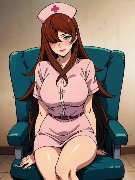 sitting at chair, (white nurse outfit), nurse hat on her head, at medical office room, medical room background, mei terumi, 25 yo, mature women, solo, takeda hiromitsu style, anime cels style, best quality, high resolution, (large breasts:1.3), cowboy shot...