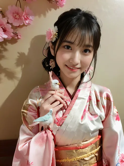 white kimono、pink Japanese pattern、(Furisode:1.5)、or、(top grade)、1 female、16 years old、Full body Esbian、black haired、tie your hair back、(realistic:1.7)、((best image quality))、absurd、(超A high resolution)、(Photoreal:1.6)、Photoreal、octane rendering、(超realisti...