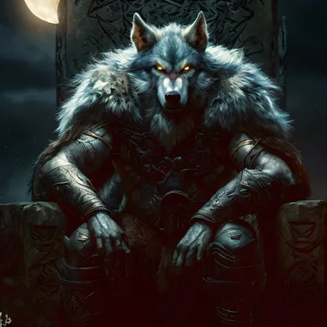 Arafed wolf sitting on a throne with glowing eyes, un loup minotaure, Fenrir, grand loup, an loup anthropomorphe, Grim - Lobo, loup-garou, homem loup-garou, Retrato de um loup-garou, gnoll, loup-garou?, loup anthropomorphe, dire wolf, Armure de loup, loup-...