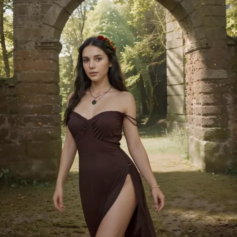 A young and beautiful brunette, 30 years old
	•	Shoulder-length black hair
	•	The girl looking straight into the camera
	•	A red dress, slightly below the hips
	•	Sunset shoot with a forest and castle ruins in the background
	•	Professional photographer
	•...