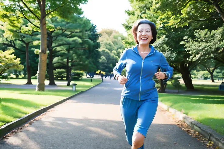 (Japanese woman in her 50s:1.5)、(Running in the park:1.5)、refreshing smile