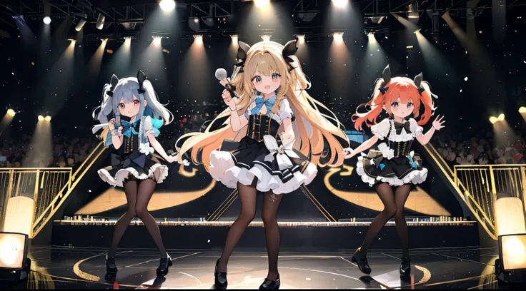 multiple girls、pantyhose，cute little、idol group、stage、​Masterpiece、top quality、Top image quality、bow ribbon、frills