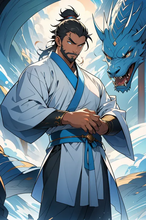 People wearing cyan and white Taoist style clothing, deeply engaged in meditation, back facing the camera. The soul of the blue dragon, symbolized by glowing eyes, peeks out from between the priests thick eyebrows, emanating an air of dominance and ancient...