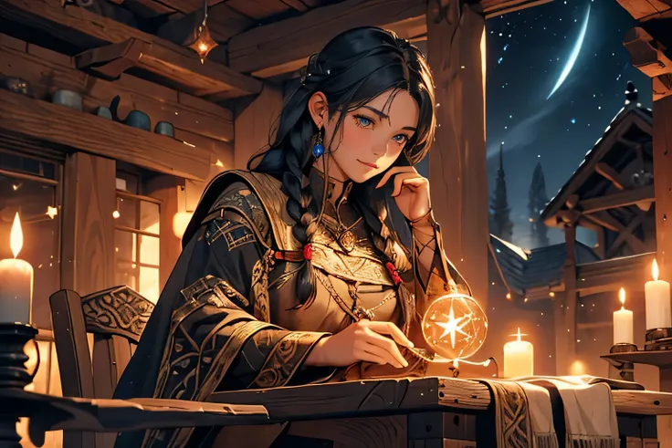 A serene black-haired girl with intricate braids sits at a wooden table, gazing at a glowing star rune, intricate engravings visible on the rune. The scene exudes a medieval fantasy vibe, with a mystical aura surrounding the girl and the rune.