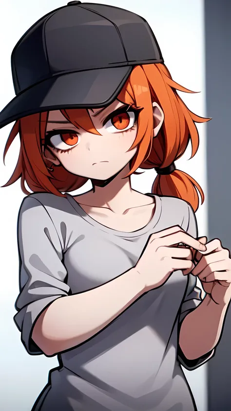 1girl,solo,upper body,looking at viewer,facing viewer,low twintails,orange short hair,red eyes,parted bangs,white hairtie,black hoodie,hair pulled back,solid outline,lifeless eyes,mad,sad,brown baseball cap,park