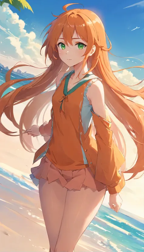 Anime girl with long orange hair, standing on the beach near the ocean, green eyes detailed digital anime art, anime girl with long hair, гладкое аниме cg art, anime girl with long hair, digital anime art, work in Guweiz style, Beautiful anime portrait, Ph...