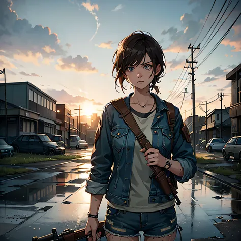 - Ellies signature messy, short hair
- Wearing a weathered, denim jacket
- Holding a hunting rifle or bow
- Scar across her right eyebrow
- Intense, determined expression
- Background of a post-apocalyptic landscape or abandoned cityscape,  the last of us ...