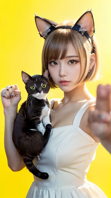 masterpiece, 4k, Bokeh, beautiful face, Harem, (multiple girls:1.4), (Group Photo:1.5), (Cat ears:1.3), (white bob hair:1.3) , looking at the viewer, cowboy shot, holding many cats in both hands, (Yellow background :1.4), closeup, (Raise your right hand an...