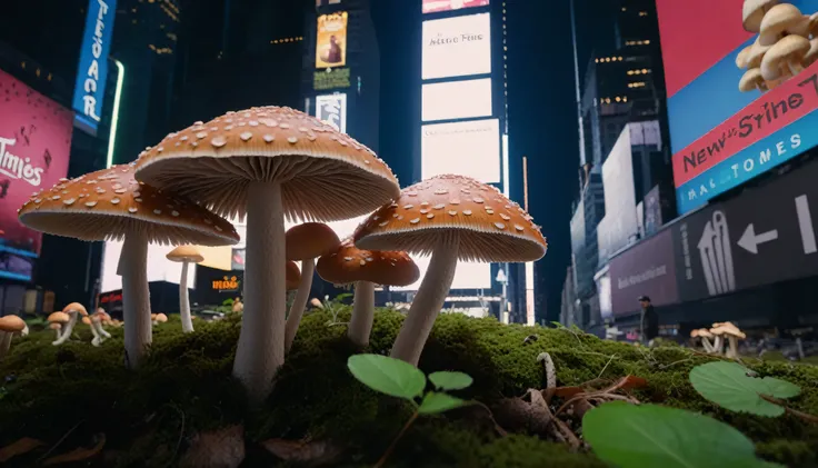 Wide angle photo of (mushrooms-New York times square), cinematic, movie still, dramatic lighting, keylighting