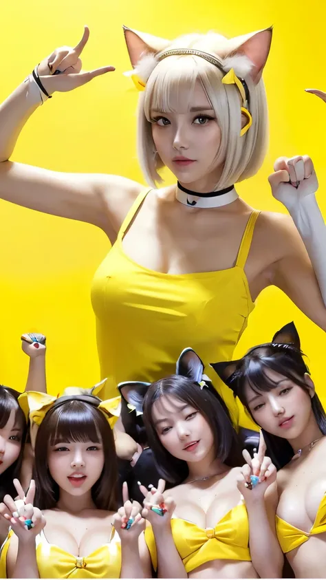 masterpiece, 4k, Bokeh, beautiful face, Harem, (multiple girls:1.4), (Group Photo:1.5), (Cat ears:1.3), (white bob hair:1.3) , looking at the viewer, cowboy shot, holding many cats in both hands, (Yellow background :1.4), closeup, (Raise her right hand and...