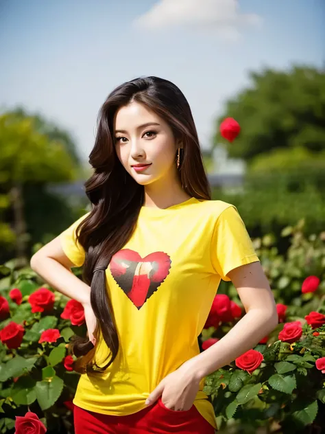 A 20-year-old girl stands against a background of a rose garden with a gesture of love.  A yellow t-shirt with (LIN KO) written on the front.  Red pants, black heels,  Long hair in a ponytail.  beautiful eyebrows  The eyes, the lips, the girl. The girl is ...