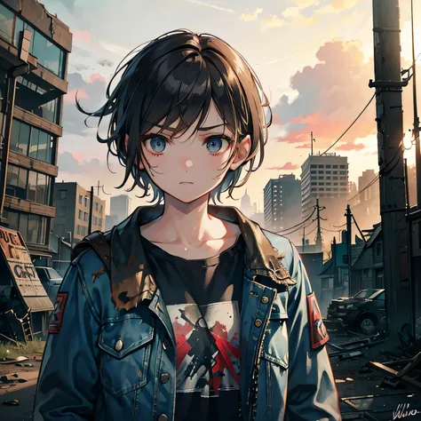 - Ellies signature messy, short hair
- Wearing a weathered, denim jacket
- Holding a hunting rifle or bow
- Scar across her right eyebrow
- Intense, determined expression
- Background of a post-apocalyptic landscape or abandoned cityscape,  the last of us ...