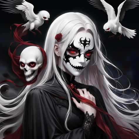 （Holding a mask in hand：1.5），（White-haired ghost，straight hair，red eyes），（gothic art），（fear：1.5），（Correct human anatomy：1.37）