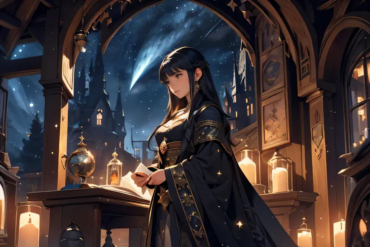 A detailed illustration of a black-haired girl gazing out of a window under a starry night sky, set in a medieval fantasy world. The scene includes intricate architecture, magical elements like glowing orbs, and a sense of wonder