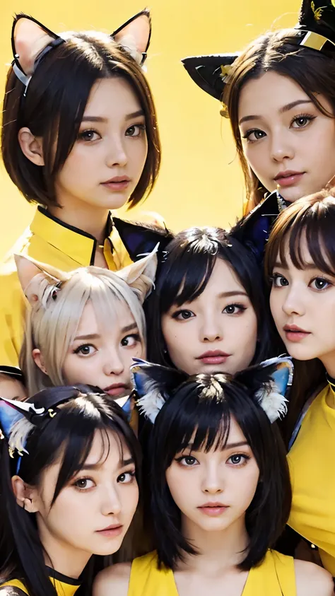 masterpiece, 4k, Bokeh, beautiful face, Harem, (multiple girls:1.4), (Group Photo:1.5), (Cat ears:1.3), (white bob hair:1.3) , looking at the viewer, cowboy shot, holding many cats in both hands, (Yellow background :1.4), closeup