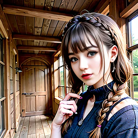  1 girl, alone, , Braid, looking at the viewer, dress, full body shot、long hair, traditional media, sign, bangs, compensate, Put your own hands together, black hair, Upper body, lipstick, drill hair, artist name, twin Braids, bridal gauntlet, No sleeve