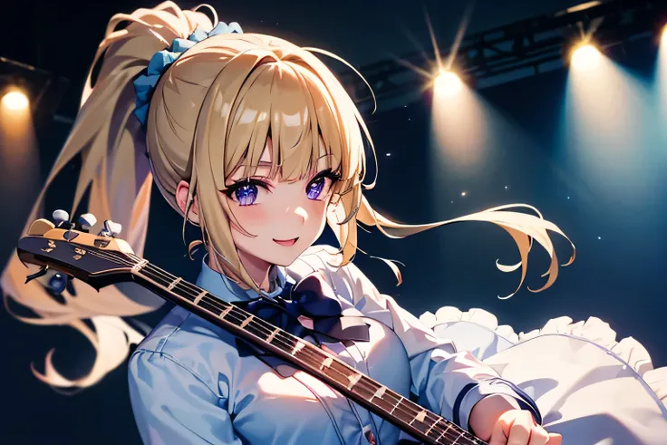 hight resolution, top-quality, ultra-quality, The ultra-detailliert, perfect anatomy, lighting like a movie, a girl ( Kei Karuizawa) singing in stage, blonde hair with ponytail hairstyle and Violet eyes, long shot POV, looking at viewer, spotlight lightnin...