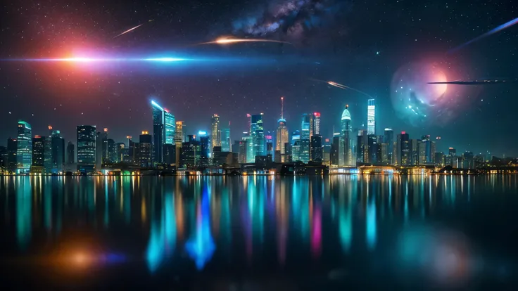 A futuristic city and planets reflected in it、Magnificent and cosmic