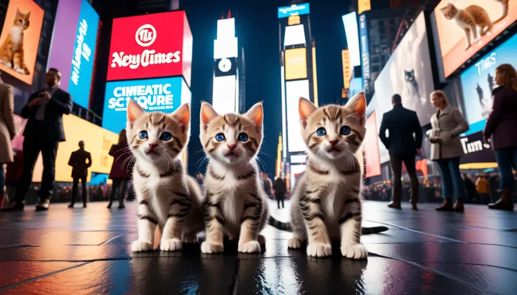 Wide angle photo of (kittens-New York times square), cinematic, movie still, dramatic lighting, keylighting