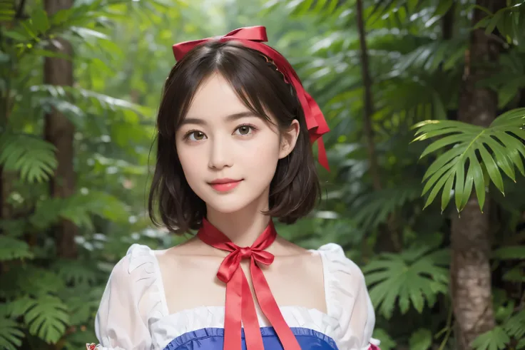 (alice in wonderland), 1-9-1, (She wears a large triangular ribbon on her head.), short hair, young woman, gentle smile, colorful clothes, in the deep forest, large stumps
