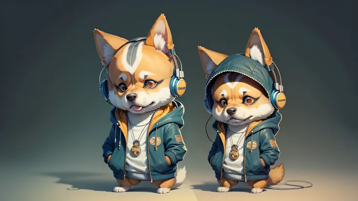 c4tt4stic, Cartoon dog breed Shiba Inu in jacket and headphones