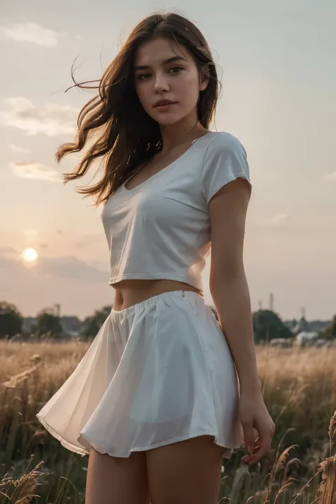 （（best quality，highest resolution，unified 8k，masterpiece：1.4））original photo，real，a girl，Short flowing hair，（random clothes），Hair scattered by the wind，medium ，rosy lips，white shiny skin，Upper body，blurred background，grassland，dusk，halo