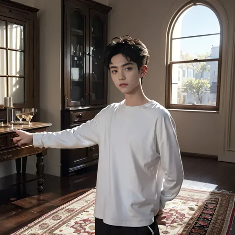 best quality, masterpiece, (photorealistic:1.4), 1boy, solo, short hair, big eyes, white t-shirt ,long sleeves, upper body, dramatic lighting, looking at viewer,(hands behind back:1.2), standing, indoors, living room, tables, carpet, wooden floor, decorati...