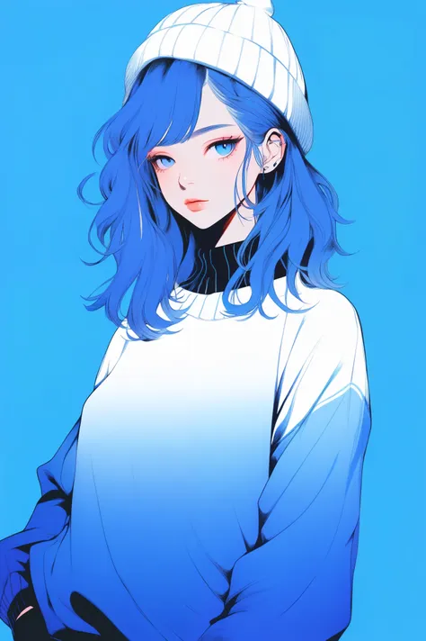 illustrator, anime , realistic ,sketch , 1 girl, ,lip, sweater,order, blue gradient background, neon hair,textured trim, canadia...