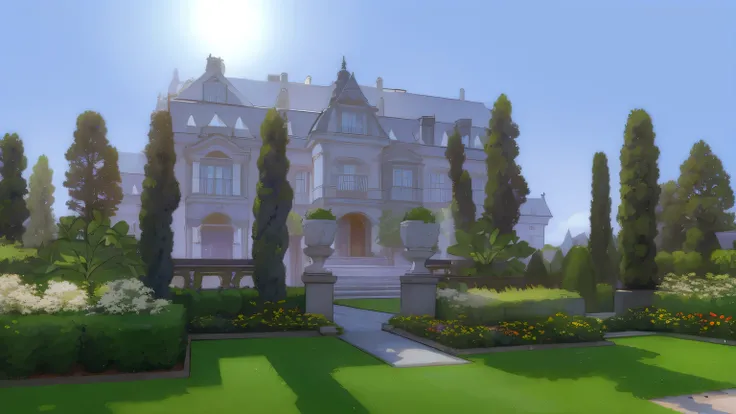 A girl in a beautifully detailed white mansion garden, surrounded by scenic hedges and trees, with vibrant flowers blooming. The backdrop features a picturesque blue sky. The visual novel-style scene depicts a tranquil atmosphere, where the girl is immerse...