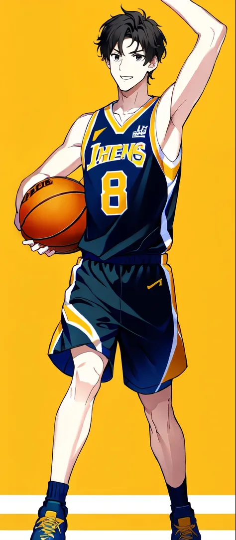 There is a man running on the court with a basketball, wearing basketball jersey,Sunny and handsome，Two dimensions，cartoon，short hair，Ultra HD quality。