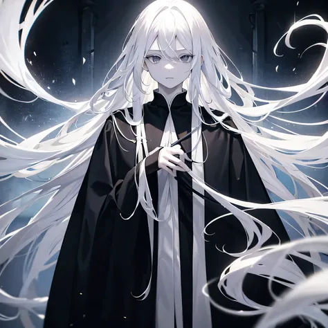 teenager male , pale skin , long white hair , wearing black robes ,  black eyes , tall stature