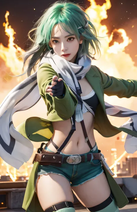 masterpiece, highest quality, High resolution, 1 girl,city background、 sinon 1, scarf, Silver fingerless hair gloves, have a gun、long sleeve, short shorts, hair ornaments, hair clip, green knee highs, green jacket, thigh strap, cowboy shot, Remains,