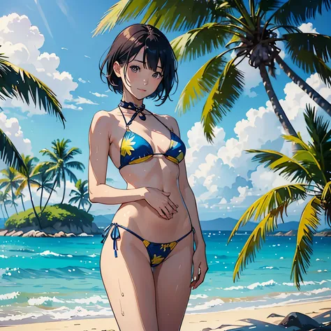 ((highest quality, masterpiece, High resolution))、((anime art))、beautiful japanese woman、((two women))、(The two of us are good friends)、23 years old、cute face、medium short hair、 ((Detailed depiction of a beautiful face))、smile gently、young、bikini swimwear、...