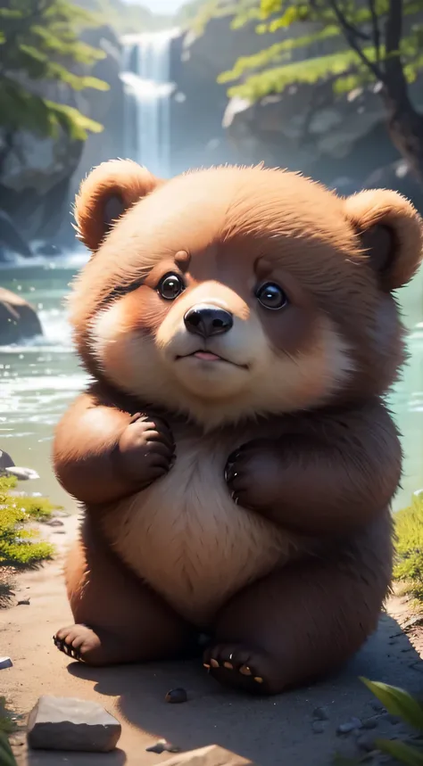 4K HD quality，Exquisite scene details，Cute baby fat bear，Shooting, bear, chibi, brown fur,