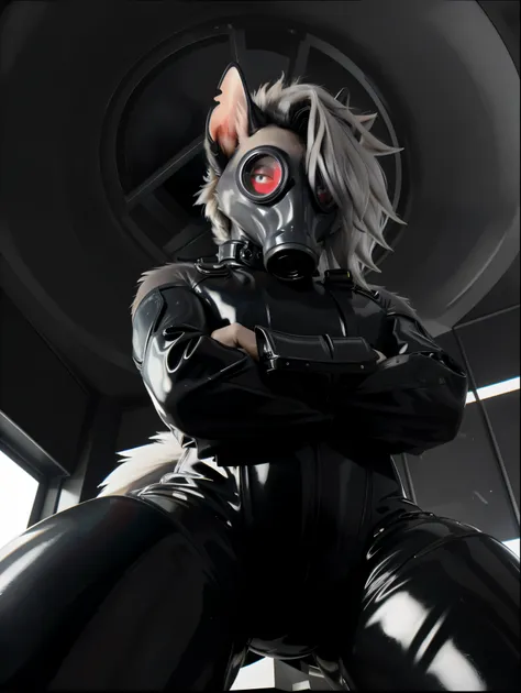 ((masterpiece:1.2, photorealistic, hd, 4k, 8k)), ((solo)), loona, hellhound, long white hair, glowing red eyes, ((gas mask cover...