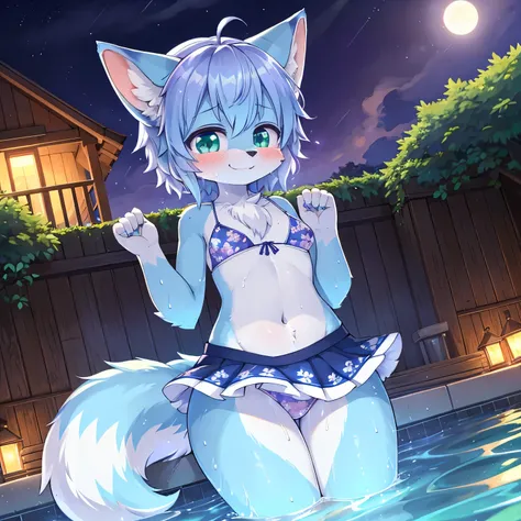 best quality,best resolution,(fluffy anthro furry :1.6),fox girl,blue green eyes,bright eyes,glistering eyes,sparkle eyes,light blue short hair,wavy hair,messy hair,small breasts,light blue fur.light blue fox ears,light blue fox tail,floral hair ornaments,...