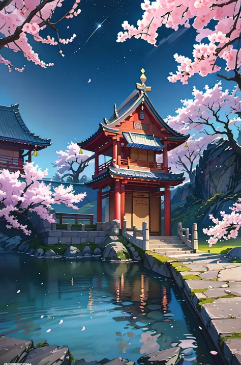 Ancient Chinese 아치itecture, Cool colors, dark night, moon, garden, cherry blossom tree, lake, grass, rock, (illustration: 1.0) , Narrative composition, HD detail, masterpiece, best quality, (Highly detailed CG Unity 8k wallpapers)