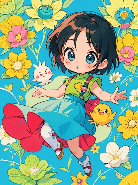 akira toriyama style, Kawaii Design, most beautiful girl ever、Chibi, birdie、colorful flowers