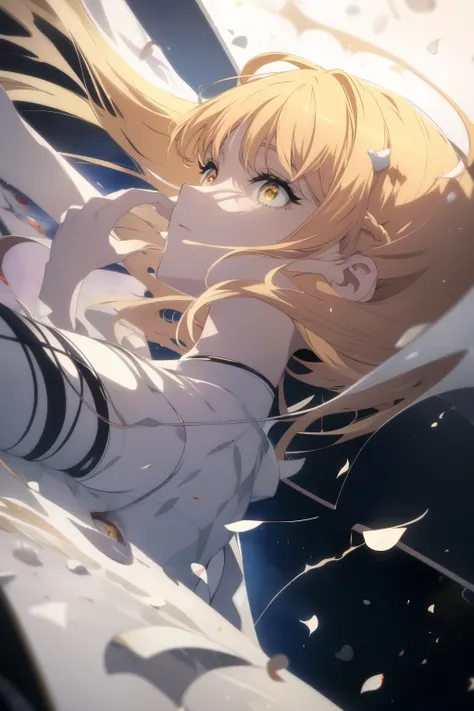 masterpiece, highest quality, 1 girl, (space), spacecraft, (white dress), full pose, side angle, Romance manga, yellow eyes, ash blonde hair, (white background, dynamic), cute, ethereal, (Slow motion), Heart, rose petals, ((wide shot)), climb heavy stairs