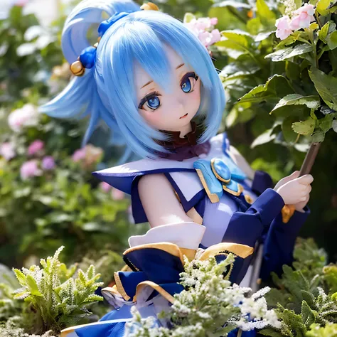 (a young girl with) blue hair, (wearing) a white and blue dress, (holding) a staff, (standing) in a lush, vibrant garden, (with) colorful flowers (blooming) around her, (under) a clear blue sky.
(portraits) of the girl, (photorealistic) rendering, (with) (...