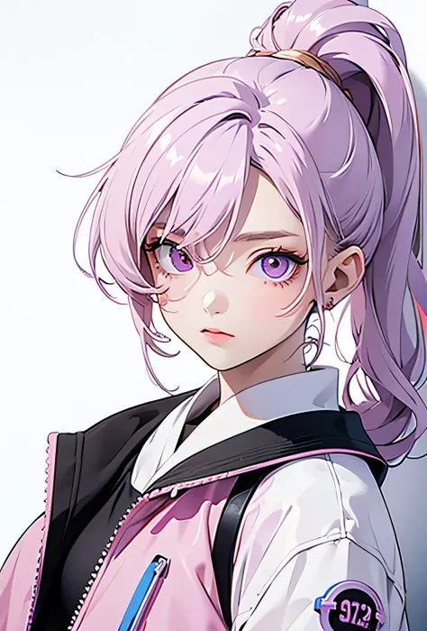 masterpiece, Best image quality, Extremely vivid, Anime girl with curly ponytail,  digit,Pink functional coat, small, Blue-purple gradient thin-framed eyes, cyberpunk, white hair, Natural casual style, dynamic posture, golden section, Large aperture portra...