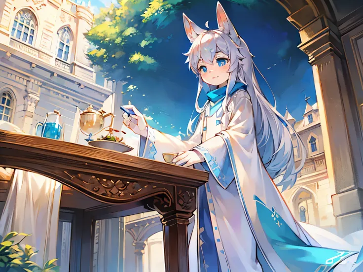 a white rabbit，blue pupils，tea table，parasol，drinks，summer afternoon，castle，Blue scarf，long bunny ears，Lovely shota，Warm colors，white robe，Blue decoration，gorgeous costumes，Open-air balcony，Playful and cute，long hair，坐在tea table前