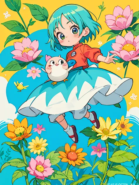 akira toriyama style, Kawaii Design, most beautiful girl ever、Chibi, birdie、colorful flowers