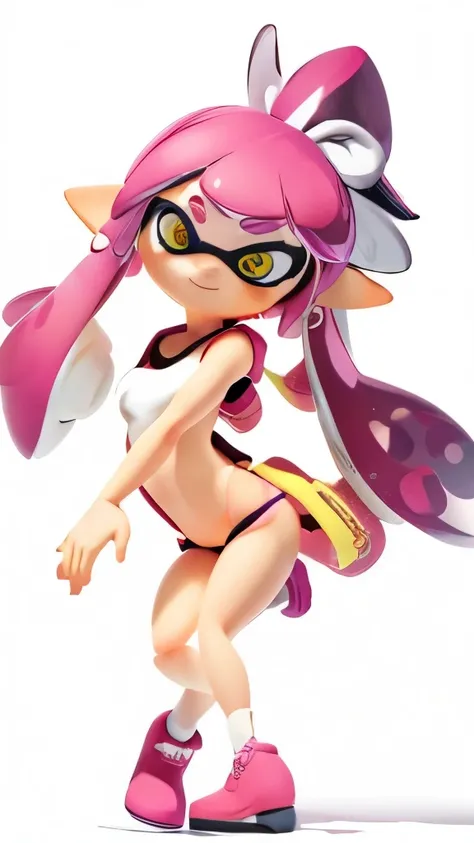 masterpiece、highest quality、High resolution、4k、1 beautiful girl、girl、splatoon inkling, tentacle hair、ink bomb、(((whole body)))、neon blue tentacle hair、ponytail tentacle hair、big ribbon、golden eyes、smile、cheek、Lipstick、super big breasts、cleavage、pointed ear...