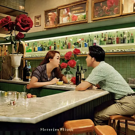 Photo of the BAR counter viewed from the front A man and a woman sitting side by side A rose flower between the two people at the counter