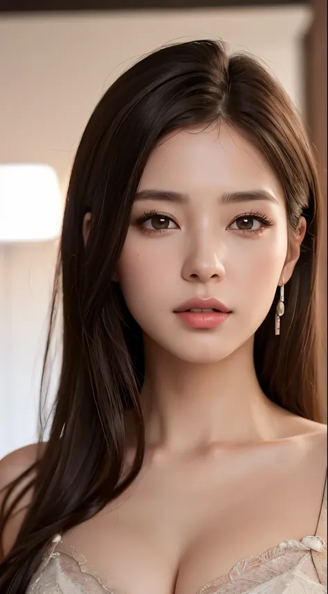 intense realism，（best quality，4k，master piece：1.3），Beautiful woman，1 girl，sexy and excited：1.1，dark brown hair：1.1，（super detailed face，lip details，detailed eye，beauty