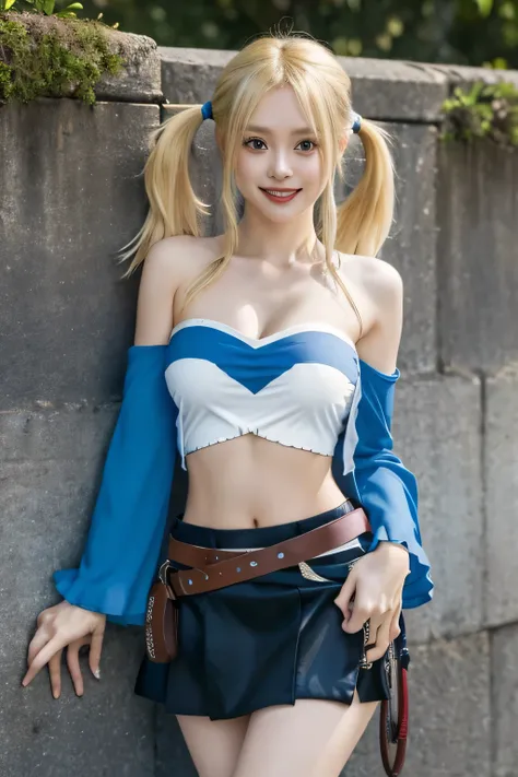 masterpiece, highest quality, High resolution, lucy heartfilia, blonde hair, long hair, big breasts, white shirt, No sleeve, belt, blue skirt, cowboy shot, Are standing, looking at the viewer, outdoor, wave hands, smile, open your mouth,lucy heartfilia, bl...