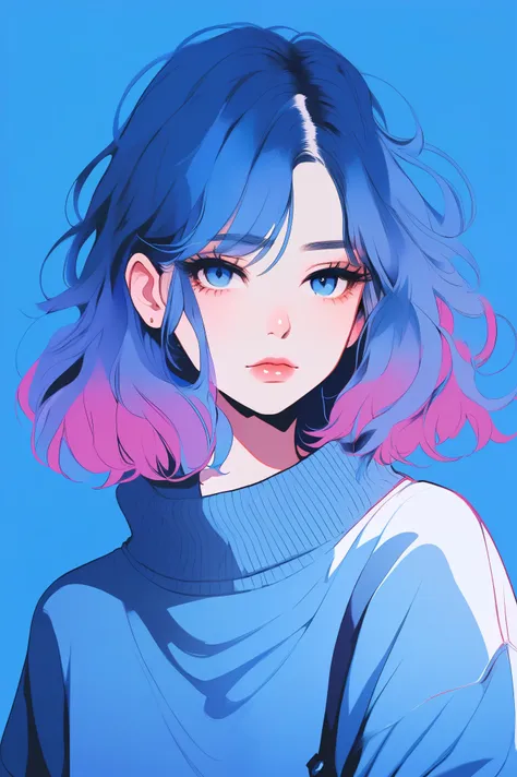 illustrator, anime , realistic ,sketch , 1 girl, ,lip, sweater,order, blue gradient background, neon hair,textured trim, canadia...