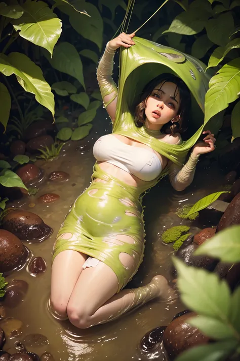 2 girls suspended over a slimy surface, restrained in a sticky and slimy cocoon made of silk, surrounded by vines and plant life